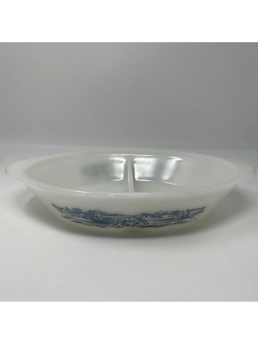 Vintage Glasbake Currier Ives Oval Glass J-2352 Divided Casserole Horse Sleigh